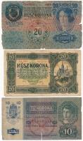 1913-1920. 8 db-os korona bankjegy tétel, közte 1920. 2K 2ab007 * 999967 csillagos sorszám és 1920. 10K a012 606.951 T:III,III- közte: anyaghiány, folt, szakadás