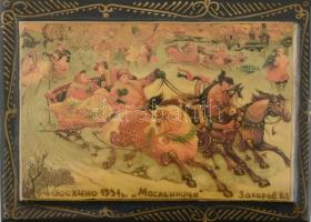 Orosz lakk doboz, jelzett, kopott, 10x8x5cm