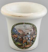 Porcelán mozsár, matricás csata jelenettel, jelzés nélkül, sérült, törő nélkül, m:13cm