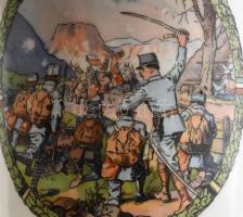 Porcelán mozsár, matricás csata jelenettel, jelzés nélkül, sérült, törő nélkül, m:13cm