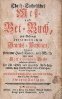 Christ- Catholisches Mess- und Bet- Buch, zum Gebrauch deren weltlichen Stands-Personen, ... Preßburg, 1762., Johann Michael Landerer, 7 sztl. lev+438 p.+5 sztl. lev+7 ( ) t. Német nyelven. Második kiadás. Korabeli egészbőr-kötésben, kopott borítóban, sérült gerinccel, kis szúette lyukakkal, kis foltokkal.