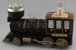 Vintage Locomotive / Mozdony, formájú likőrtartó, 1970 körül, fém, műanyag, üveg, kopott, zenélő szerkezettel, működik, 32x12x23cm
