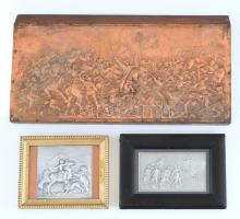 3 db csatajelenetes relief, fém, fa, kopott, 7x8, 5x8, 28x15 cm