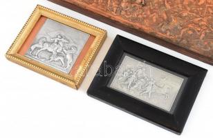 3 db csatajelenetes relief, fém, fa, kopott, 7x8, 5x8, 28x15 cm