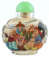 Kínai tubákos üveg, belülről kézzel festett, jelzett, (18 szerzetes) hibátlan, m:8cm