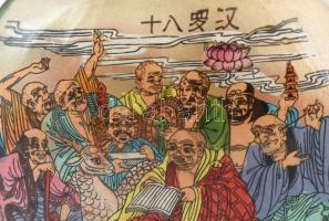 Kínai tubákos üveg, belülről kézzel festett, jelzett, (18 szerzetes) hibátlan, m:8cm