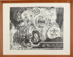 Ábrahám Rafael (1929-2014): Csillagászat (Mesterségek dicsérete II.) Litográfia, papír, jelzett. Üvegezett fakeretben. 34x42 cm