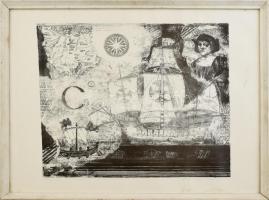 Ábrahám Rafael (1929-2014): Hajózás (Mesterségek dicsérete III.) Litográfia, papír, jelzett. Lap széle foltos. Üvegezett, kissé sérült fakeretben. 35x40 cm