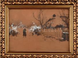 Neogrády Antal (1861-1942): Hazafelé. Akvarell, fedőfehér, papír, jelzett. Üvegezett, dekoratív, kissé sérült fa keretben, 28×38 cm