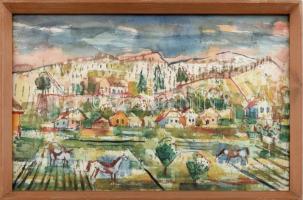 Klie Zoltán (1897-1992): Legelésző lovak. Akvarell, papír, jelezve jobbra lent. Üvegezett fakeretben, 33×50 cm