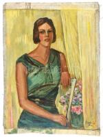 Mannheim Róza (1880-1965): Art-deco hölgy portréja. Olaj, vászon, jelzett, vakkeret nélkül, kissé sérült, 63×47,5 cm