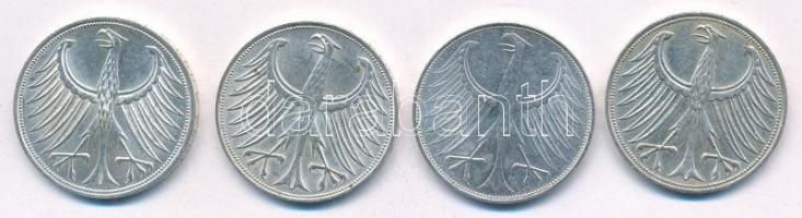 NSZK 1972D-F-G-J 5M Ag (4xklf) T:1-,2 FRG 1972D-F-G-J 5 Mark Ag (4xdiff) C:AU,XF Krause KM#112.1