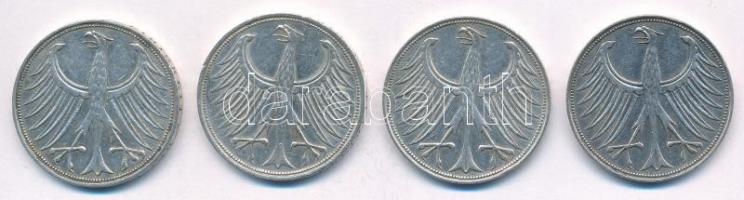 NSZK 1963D-F-G-J 5M Ag (4xklf) T:1-,2 FRG 1963D-F-G-J 5 Mark Ag (4xdiff) C:AU,XF Krause KM#112.1