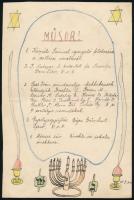 cca 1930-1940 Pécs, a pécsi izraelita elemi iskola ünnepségének kézzel rajzolt műsora (menórával, Dávid-csillagokkal, stb.), középen hajtásnyommal, 22x14,5 cm