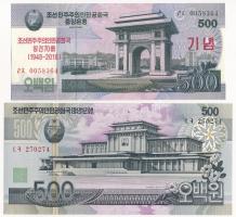 Észak-Korea 2007. 500W + 2018. 500W "A Koreai Népi Demokratikus Köztársaság megalapításának 70. évfordulója" emlék bankjegy T:I North Korea 2007. 500 Won + 2018. 500 Won "The 70th anniversary of the founding of the Democratic People's Republic of Korea" commemorative note C:UNC Krause P#44, #CS22