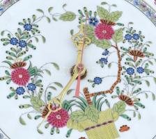 Herendi Indiai kosár mintás porcelán falióra. Kézzel festett, jelzett, hibátlan, d: 28,5 cm