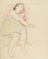 Belányi Viktor (1877-1955): Fekvő női alak. Ceruza, akvarell, papír, jelzett, lapszéli kisebb szakadással és törésnyommal, 42,5×34 cm