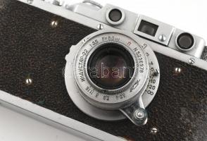 cca 1953 Fed-1 (G) szovjet fényképezőgép, 1:3,5 f=50 mm objektívvel, eredeti bőr tokjában / Vintage ...