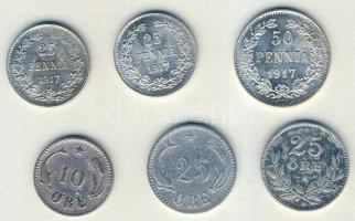 Finnország 1917. 25P Ag (2x), 50P Ag (1x) + Dánia 1874. 10ö Ag + 1891. 25ö Ag + Svédország 1930. 25ö Ag T:2,3