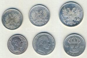 Finnország 1917. 25P Ag (2x), 50P Ag (1x) + Dánia 1874. 10ö Ag + 1891. 25ö Ag + Svédország 1930. 25ö...