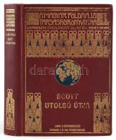 [Scott, Robert Falcon (1868-1912)] Scott utolsó útja. Scott naplója és útitársainak feljegyzései. Fordította Halász Gyula. Negyven képpel és egy térképpel. Magyar Földrajzi Társaság Könyvtára. [Bp.,1923, Lampel R. (Wodianer F. és Fiai) Rt.], 332 p. + 15 (fekete-fehér képtáblák) t. + 1 (kétoldalas térkép) t. Kiadói dúsan aranyozott egészvászon sorozatkötésben, kopott borítóval, hiányzó címlappal, kijáró címképpel.