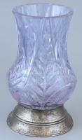 Ezüst (Ag) talpú halványkék, csiszolt ólomkristály váza, jelzett, teteje lecsiszolt, alján horpadások, m:22,5cm