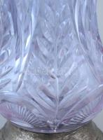 Ezüst (Ag) talpú halványkék, csiszolt ólomkristály váza, jelzett, teteje lecsiszolt, alján horpadáso...