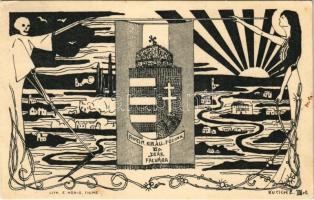 1916 Fiume, Rijeka; Magyar királyi Állami Főgimnázium VI. osztály Deákfalvára, Studentika művészlap, magyar címer / Art Nouveau, Studentica art postcard with Hungarian coat of arms. Lith. E. Hönig s: Kucich E. (EK)