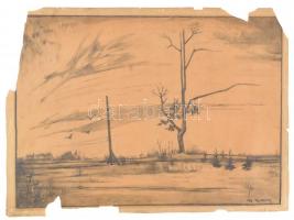 Remsey Jenő (1885-1970): Táj. Ceruza, papír, jelzett, sérült, hiányos, 33,5×45,5 cm