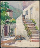 Páris Erzsi (1887-?): Napfényes udvar. Ceruza, akvarell, papír, jelzett, 32x23 cm