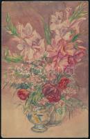 Undi Mariska (1877-1959): Csendélet. Akvarell, karton, jelzett, lap tetején és sarkaiban kissé sérült, 27x17,5 cm