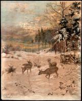Kiss Vilmos (1893-?): Őzek a hóban, 1911. Akvarell, papír, jelzett, foltos, 34×27 cm