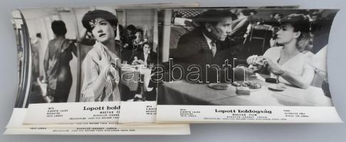 1962 ,,Lopott boldogság című magyar film jelenetei és szereplői (köztük Molnár Tibor, Vass Éva, Psota Irén), 13 db vintage produkciós filmfotó, ezüstzselatinos fotópapíron, 24x30 cm