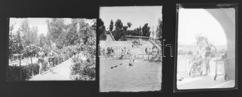 1930 Budapest, Csillaghegy feliratú dobozban privát felvételek, főleg a strandfürdő területén, 20 vintage üveglemez és film NEGATÍV, 6x9 cm