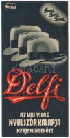cca 1930 Delfi, az uri világ nyulszőr kalapja, reklámos litografált számolócédula, Magyar József Litográfia, jelzett a nyomaton (Vidor), 13x7 cm