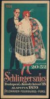 cca 1920-1930 Schlinger szűcs, reklámos színes litografált számolócédula, Bp., Bakács Litográfia, jelzett a nyomaton (Szekeres Bakács), 13,5x6,5 cm