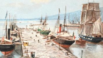 Jelzés nélkül, feltehetően 1900 körül működött festő: Kikötő. Akvarell, papír. Kissé foltos paszpart...