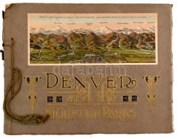 cca 1900-1910 Denver and the Mountain Parks, szecessziós album 32 db utólagosan színezett képpel, angol nyelven. Zsinórfűzéses papírkötés, dekoratív, aranyozott, dombornyomásos borítóval, sérült, a gerincnél kissé hiányos, 26x20,5 cm