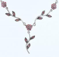 Ezüst (Ag) rózsaszín köves ékszergarnitura, nyaklánc, 43cm, karkötő h:18cm