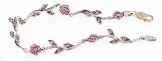 Ezüst (Ag) rózsaszín köves ékszergarnitura, nyaklánc, 43cm, karkötő h:18cm