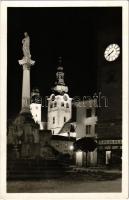 1951 Besztercebánya, Banská Bystrica; tér este, gyógyszertár, dohánybolt, üzletek / square at night, pharmacy, tobacco shop