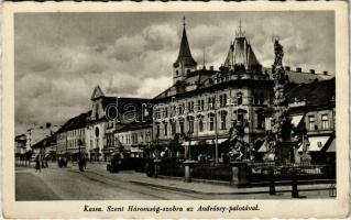 1939 Kassa, Kosice; Szentháromság szobor, Andrássy palota, automobil, üzletek / Holy Trinity statue, palace, automobile, shops (EK)