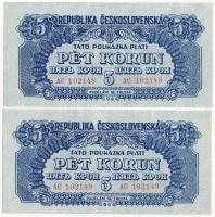 Csehszlovákia 1944. 5K (2x, sorszámkövető) T:II Czechoslovakia 1944. 5 Korun (2x, consecutive serials) C:XF Krause P#46