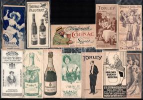 cca 1900-1930 Vegyes pezsgő és ital reklámos számolócédulák, 12 db, közte 5 db Törley, 1 db Littke, 1 db Palugyay, 2 db Keglevich, 1 db Huber J. E., Gessler Siegfried, Pannonia Sec, 14x7 cm és 13x6 cm közötti méretben