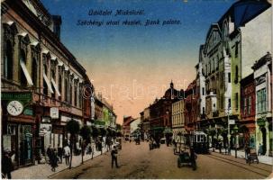 Miskolc, Széchenyi utca, Bankpalota, villamos, üzletek. Grünwald Ignác kiadása (EK)