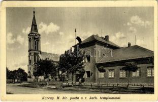 1937 Karcag, M. kir. posta, Római katolikus templom. Róna kiadása (kopott sarok / worn corner)