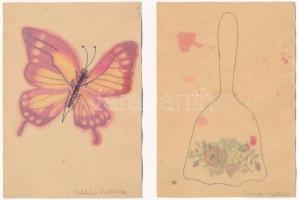 4 db régi kézzel készült képeslap tokban, Schäfer Karalin / 4 pre-1945 hand-drawn postcards in case ...