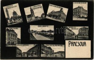 1906 Pancsova, Pancevo; Szerb templom, Hungaria szálloda, Osztrák-Magyar Bank, Népbank, rakpart, Starcsovai és Gromon utca, Ferenc József tér / church, hotel, bank, quay, street, square (EK)