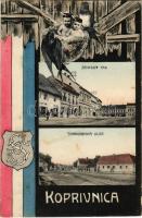 1908 Kapronca, Kopreinitz, Koprivnica; Tér és utca. Szecessziós lap horvát zászlóval / Zrinsky trg, Starogradska ulica / square and street. Art Nouveau montage with Croatian flag (fl)