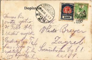 1908 Kapronca, Kopreinitz, Koprivnica; Tér és utca. Szecessziós lap horvát zászlóval / Zrinsky trg, ...